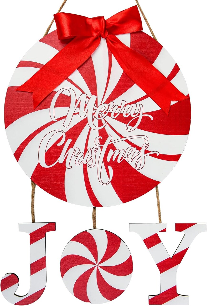 Christmas Door Sign Peppermint Candy Front Door Decor Joy Wooden Hanging Wreaths Red White Porch Decorations with Bow for Window Wall Home Decor